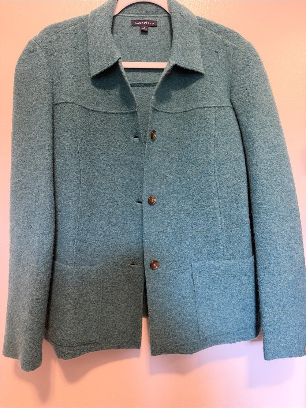 Lands' End Teal Green Button-Front Wool Cardigan Jacket